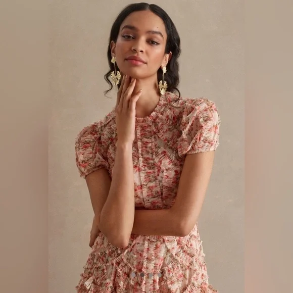 ❌SOLD❌Mac Duggal High Neck Floral Mesh Ruffle Maxi Dress – Pink/Cream – Size 8 - Picture 8 of 17